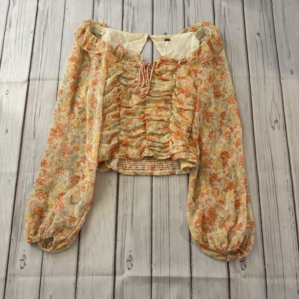 Free People Mabel Ruched Chiffon Floral Top Spring Combo Size XS Boho Women's